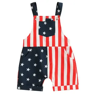 Toddler Baby 4th of July Outfit Girl Boy American Flag Overall Shorts Suspender Shorts Jumpsuit with Pocket