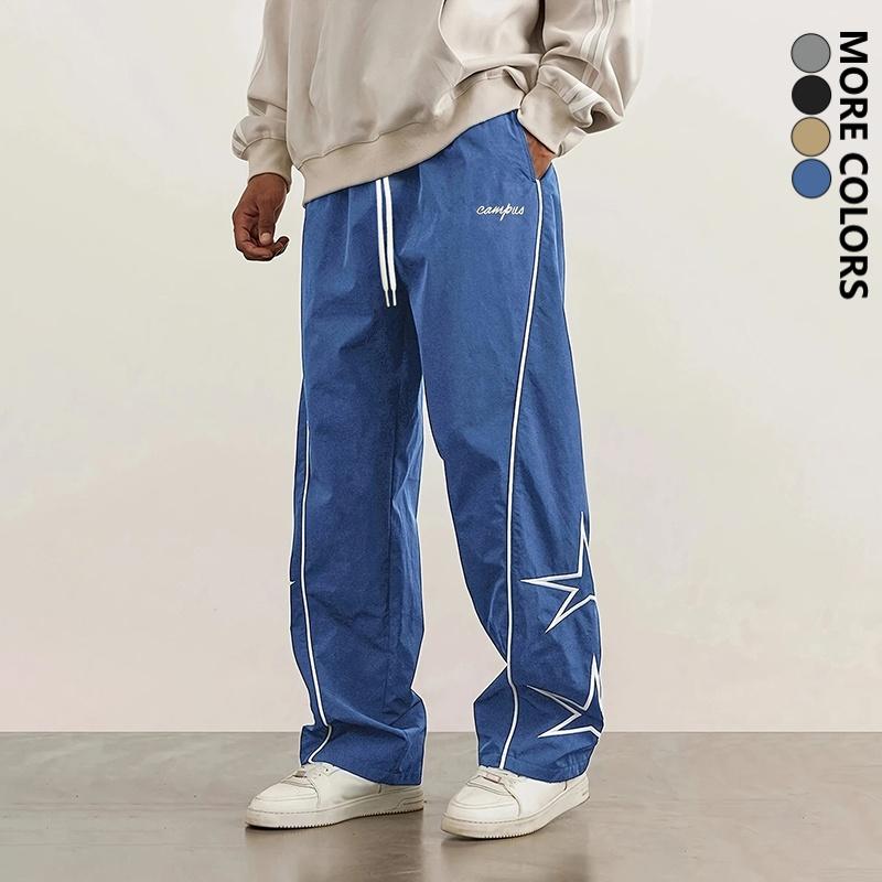 Men's Fashion Casual Pants, Street Retro Star Embroidered Straight-Leg Pants, Polyester Fabric, All-Season Versatile Trendy Hip-Hop Track Pants