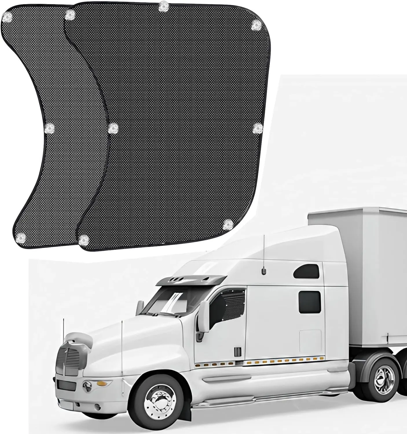 Truckers 2-Piece Set Durable Car Sun Shade for Freightliner Cascadia Semi Truck, 23.6×21.6in Mesh Fabric Side Window Shades with Suction Cups, Easy-Install UV-Protective Privacy Heat Blocker Exterior Accessory