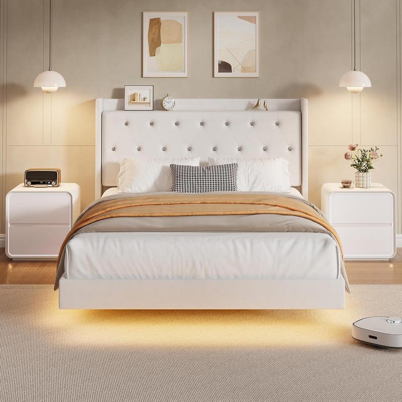 Upholstered Bed Frame with LED Lights & Storage Headboard, Floating Look, No Box Spring Needed