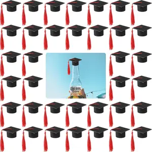 36 Pieces 2026 Mini Graduation Caps with Tassels Graduation Wine Bottle Toppers Black Cap with Red Tassel