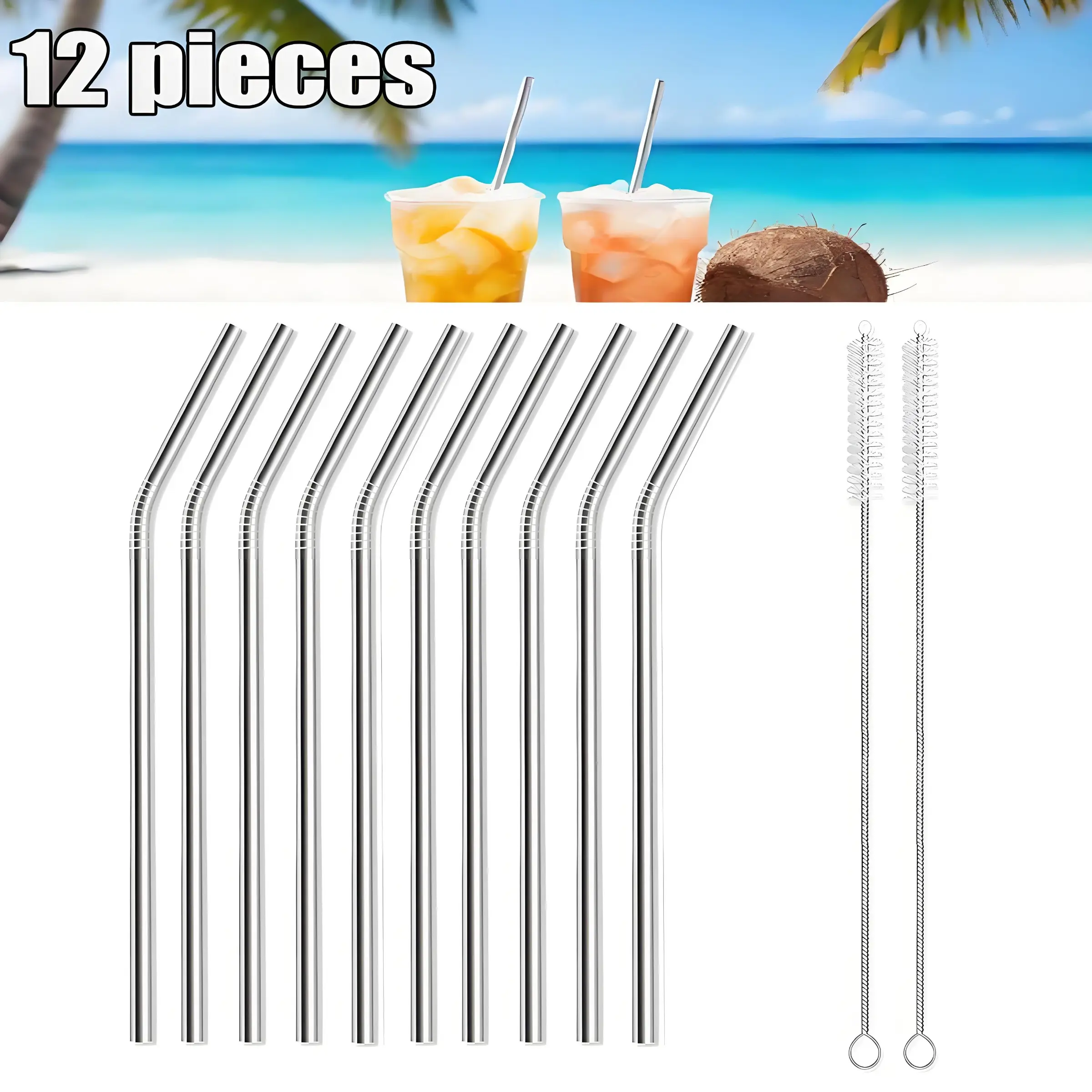 12 Reusable Stainless Steel Metal Drinking Straws Set, 10 Straight and 2 Bent 8.5-Inch Straws, Includes 2 Cleaning Brushes for 20 Oz Drinks