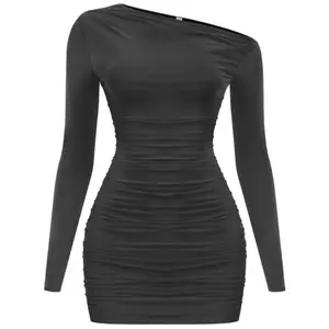 Clara Dress - -LONG SLEEVE -OFF SHOULDER -ASYMMETRICAL NECKLINE -RUCHED DETAILING -BODYCON FIT -MINI LENGTH -STRETCHY -DOUBLE LAYERED Labeled 94% POLYESTER / 6% SPANDEX