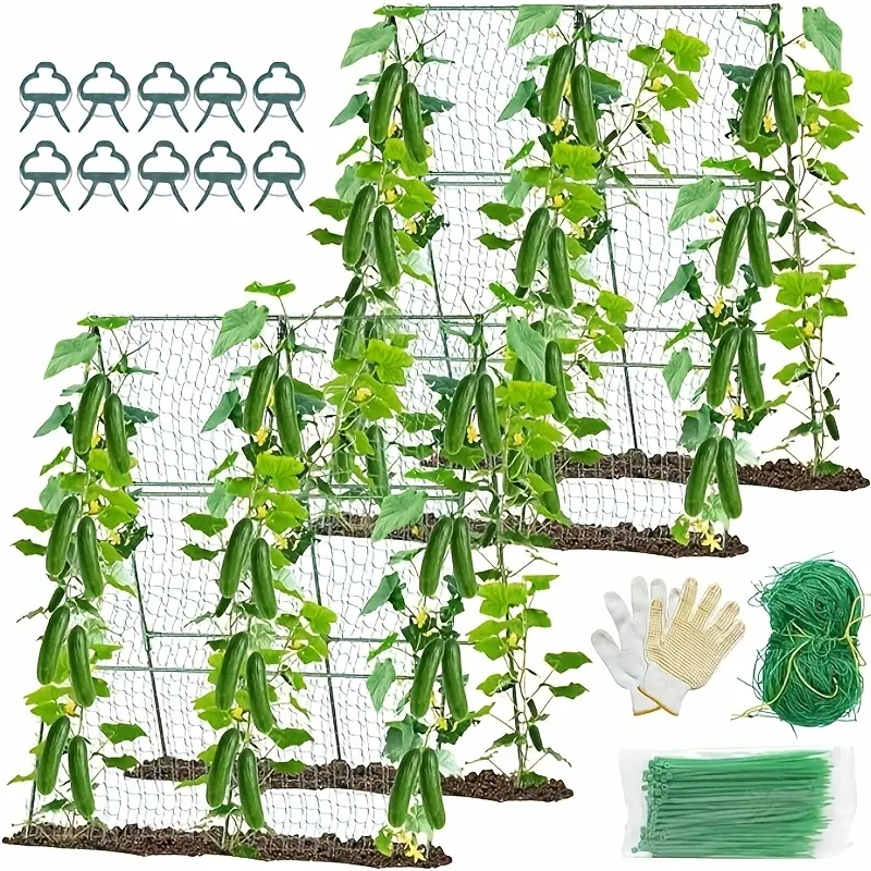 2pcs/4pcs 48" X 48" Foldable Cucumber Trellis For Raised Bed- A-Frame Garden Trellis For Climbing Plant Outdoor With Climbing Net & Plant Support Clip For Outdoor Plants Zucchini Vegetables Flowers