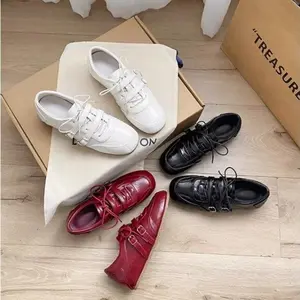 2026 Spring Collection: Patchwork Small Round-Toe Lace-Up Leather Shoes, Casual Ballet-Style Double Buckle Height-Increasing German Training Shoes