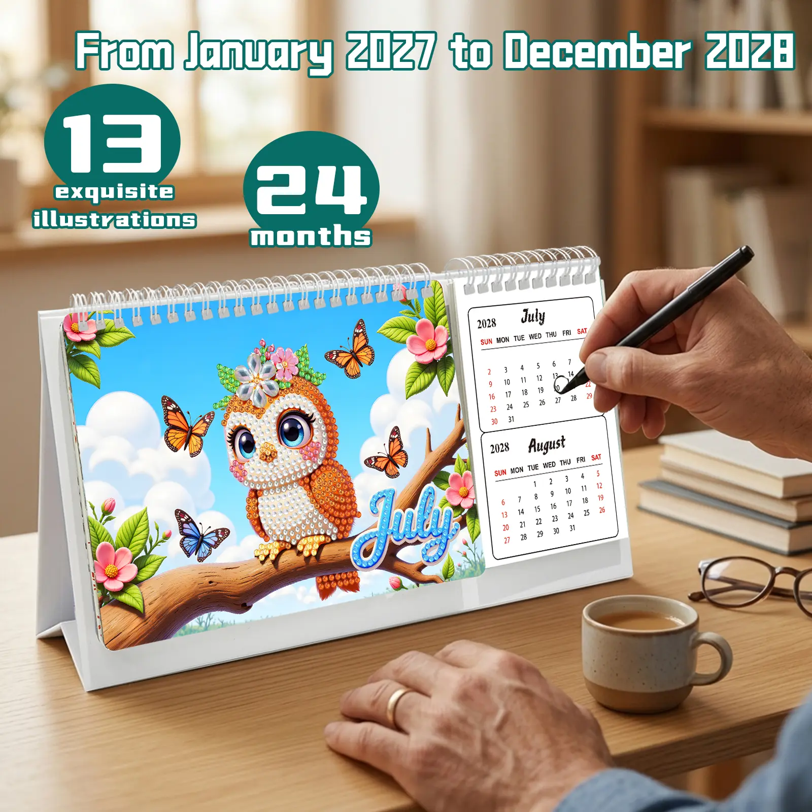 2027-2028 Biennial Diamond Painting Desk Calendar, 2-Year Pet & Floral Design with 13 Monthly Holiday Illustrations, Writable Schedule Area, Dual-Use as Table Ornament, DIY Diamond Painting Cross Stitch Crafting Gift for Christmas Friends