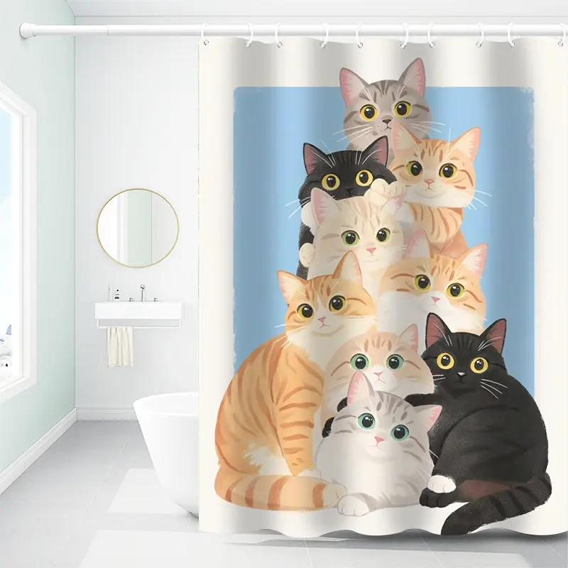 1pc Adorable Cat Tower Shower Curtain, Cute Cartoon Kitty Bathroom Decor, Bathroom Decoration Accessories, Restroom, Tranquil Nature-Inspired Design, 70.9x70.9in Hanging Curtain with Hooks, Ideal Gift for Christmas or Cozy Home Lovers