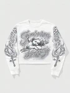 Unisex Streetwear Angel Print Design Knit Sweatshirt, Loose-fitting Casual Long Sleeve Crewneck for Fall & Winter Fashion