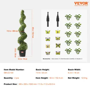VEVOR Artificial Boxwood Topiary Tree, 60 inch Tall (2 Pieces), Spiral Faux Topiary Trees, Faux Plant w/ Extra Leaves Pot Small Decoration, UV Rated Greenery Set for Home Decor Indoor/Outdoor
