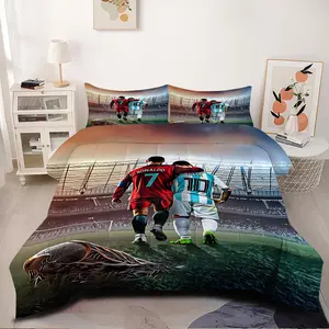 2/3Pcs Soccer Stars Comforter Set,Football Player Illustration Bedding Set, Vibrant Design Quilted Comforter for Sports Enthusiast Bedroom Decor, Perfect Gift for Kids, Teens and Youth, Transform Your Room!1 or 2 Pillowcase No Pillow Core