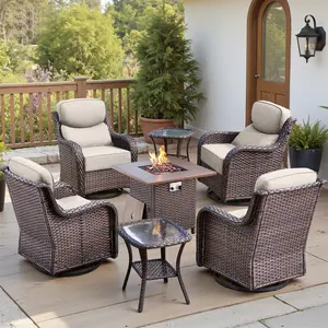 【3 Packages Shipping】Belord 7-Piece Wicker Patio Furniture Set with 50000 BTU Fire Pit Table & 4 Swivel Rocker Chairs, Deep Seating Conversation Set, NT Series