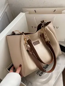 Women's Fashionable Solid Color Tote Bag, PU Tote Satchel, Large Capacity Patched Shoulder Bag for Daily Used, Casual Trendy Versatile High-quality Daily Commuting Bag, Girl Fashionable Bag, Elegant Commuter Bag