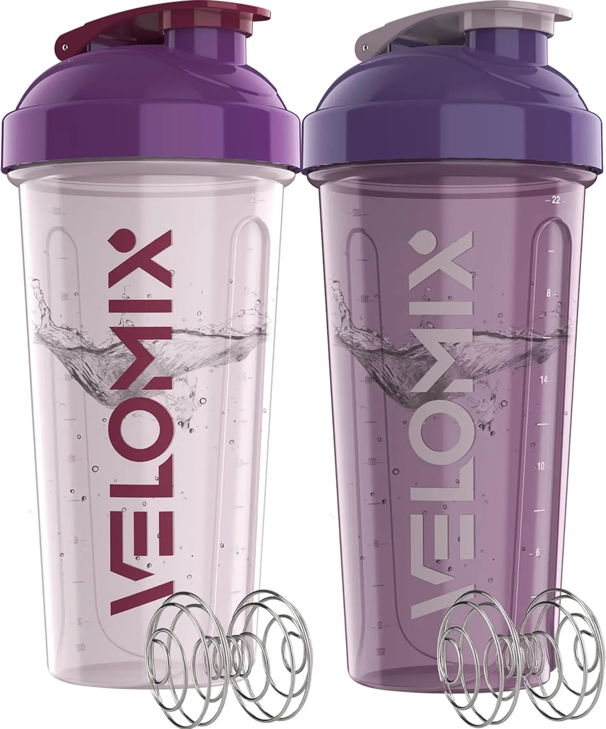 -2 Pack- 28 oz Protein Shaker Bottles for Protein Mixes - 2x Wire Whisk | Leak Proof Shaker Cups for Protein Shakes and Pre Workout | Protein Shaker Bottle Pack (B7) Purple