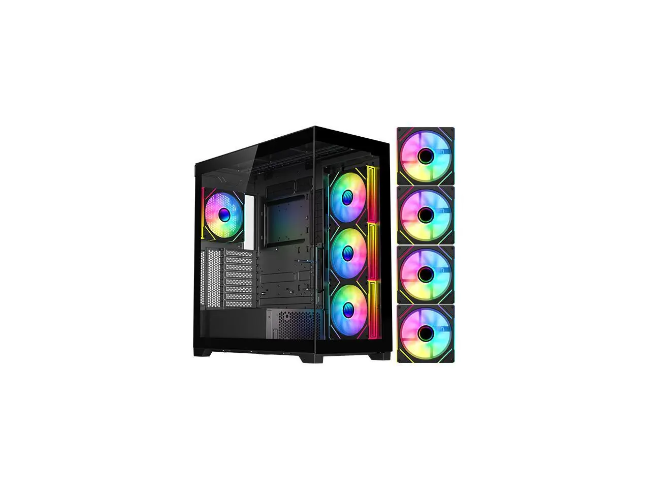 DIYPC  Vanguard-F2-BK -Black Dual USB3.0 and Type C Tempered Glass ATX Full Tower Gaming Computer Case w/ 4 x 140mm ARGB PWM Fans (3 x MB Side, 1 x Rear) Pre-Installed. Support BTF Back Plug MB.