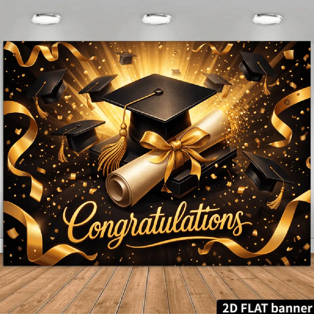 1PC 2D Flat Backdrop Banners - Black Gold Graduation Theme, Bachelor Cap & Diploma Elements, Party Decor Curtain, Photo Background Wall for Graduation Celebrations, College Festive Backdrops & Banners, Congrats Grad Festive Backdrops & Banners