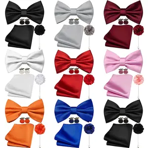 Elegant 4-Piece Men's Accessory Set Bow Tie Pocket Square Cufflinks & Lapel Pin for Weddings Formal Events Special Occasions