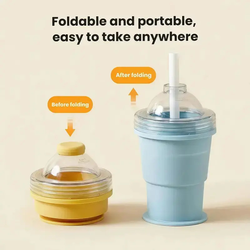 Portable Foldable Ice Hockey Tumbler, Reusable with Attached Straw, Lightweight Heat-Resistant Easy-Clean Collapsible Drinkware for Hiking, Camping