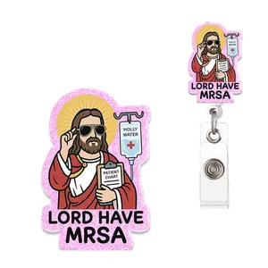 HANDICHI Design Funny 2 Inch Nurse Badge Reel – “Lord Have MRSA” Cute Retractable Acrylic ID Badge Holder Clip for RN LPN CNA MA, Nursing Students, Pediatric Staff, Doctors & Healthcare Workers