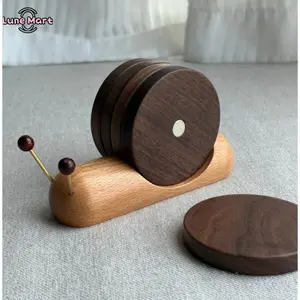 LuneMart Cute Snail-Shaped Wooden Coaster Set, Black Walnut & Beech Wood Drink Coasters with Holder, Anti-Slip Heat-Resistant Tea Cup Mats for Home Decor