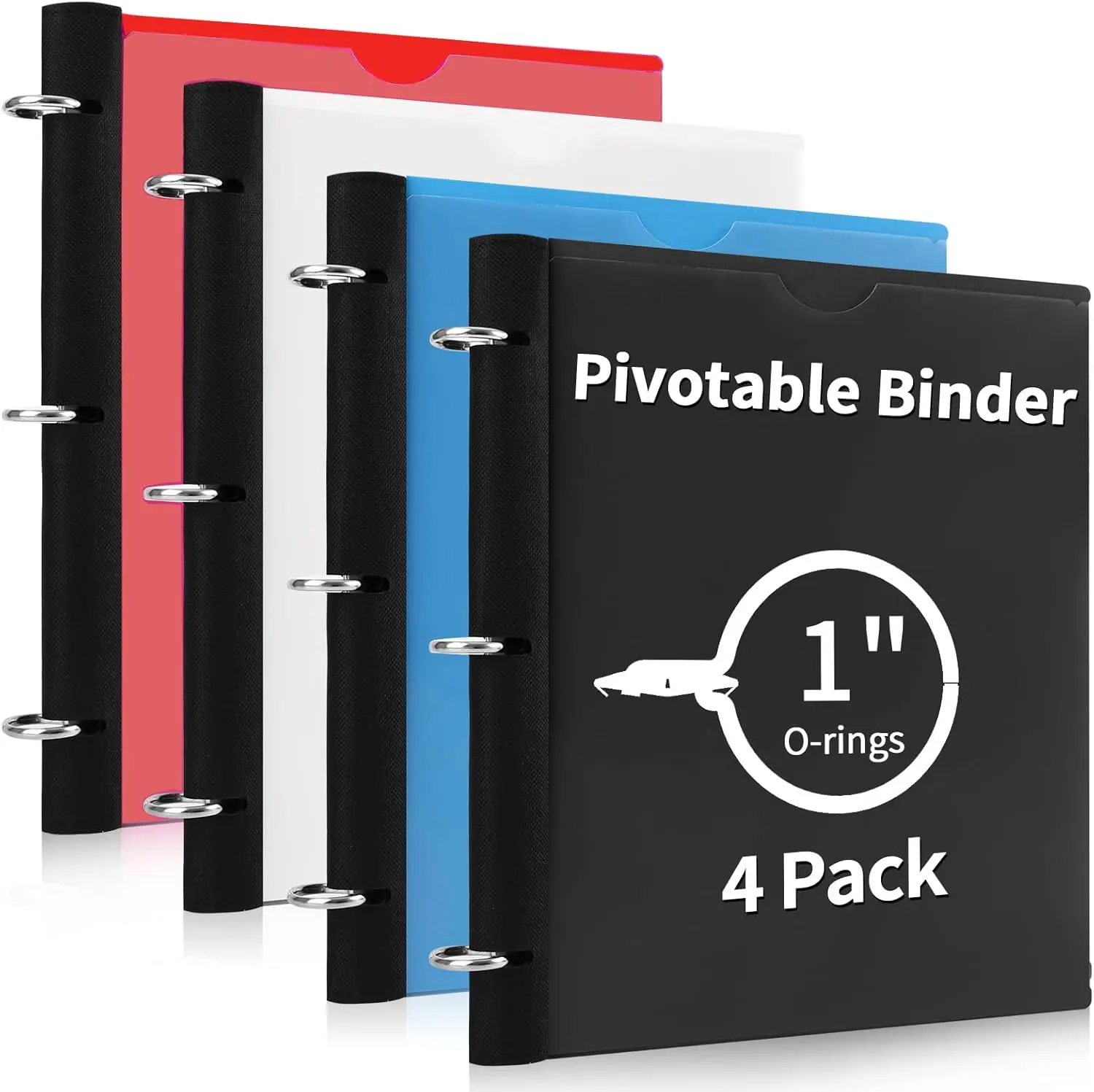 360-Degree Pivoting Binders 4-Pack, Upgraded 1in 3-Ring Organizer with Fabric Spine & Transparent Pocket, Black White Blue Red, for Students, Office Stationery Folder Binder, Binder Binders