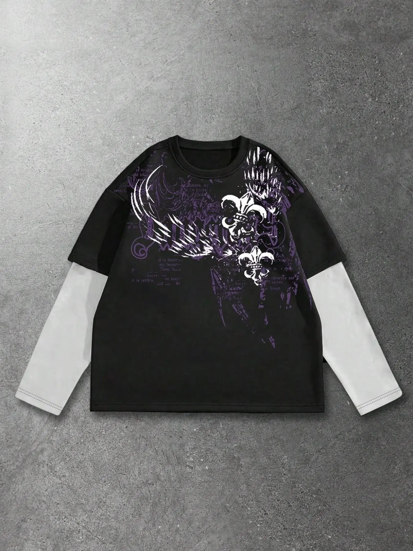 Vintage Dark Academia Layered Long Sleeve Top - Oversized 2-in-1 Design with Red & White Gothic Graphic, Perfect for Skate Park & TikTok Fashion Looks, Streetwear