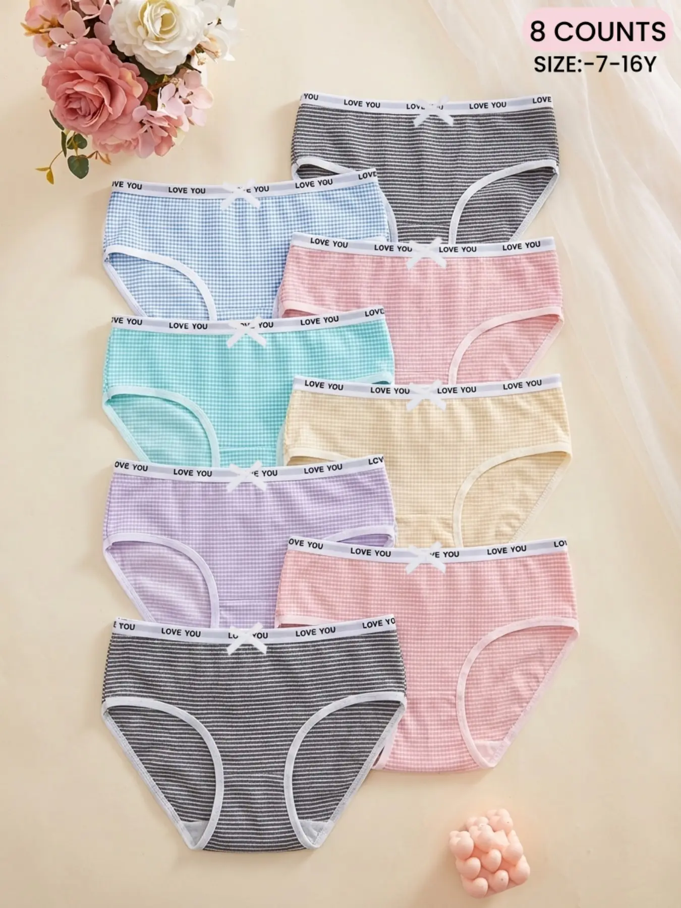 9-16Y,Girls' Striped Bow Underwear, Casual Triangle Panties, Breathable Comfort, Seamless Design, All Seasons Wear, Everyday Wear Underwear, Teen Kids Panties for Daily Wear All Season,Cute School Style, Casual Soft Panties, Youth Underwear