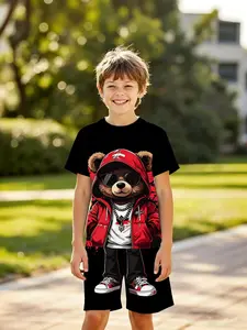Summer Boys' Cool Hooded Design Bear Print Short Sleeve Shorts Set, Children Street Style Casual Two-Piece, Fitted Cut, Trendy Kids Clothing