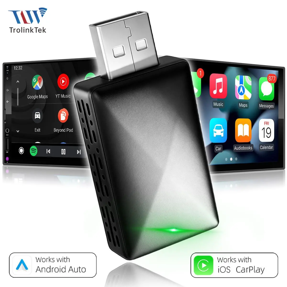 2-in-1 Wireless Portable CarPlay Adapter, for iPhone and Android Auto, Hands-Free Calling, Converts Wired to Wireless CarPlay Adapter, Fast and Stable Connection, Plug and Play, Car Accessories