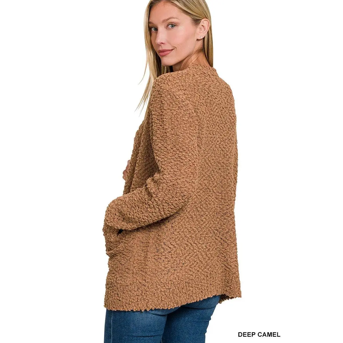 Zenana Women's Long Sleeve Popcorn Sweater Cardigan with Pockets - Deep Camel