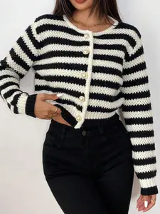 Women's Striped Colorblock Button Front Cardigan, Long Sleeve Round Neck Casual Knit Sweater for Autumn & Winter, Short Length Stylish Cozy Classic Cute Outerwear, Women Fall Outfit, Winter Sweater for Women, Ladies Fall Knitwear