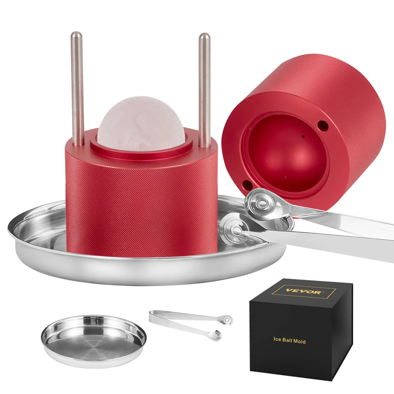 【Summerfinds】VEVOR Ice Ball Press 2.4" Ice Ball MakerAircraft Al Alloy Ice Ball Press Kit for 60mm Ice SphereIce Press with Tong and Drip Trayfor WhiskeyCocktailBourbonScot on Party & HolidayRed
