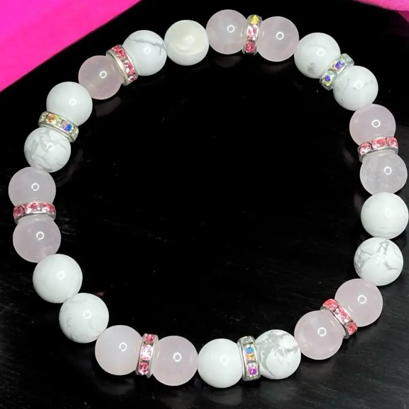 Emotional Healing Harmony and Inner Peace Bracelet. White Howlite & Rose Quartz 8mm Bead stretchy bracelet with cz spacers for Emotional Balance.