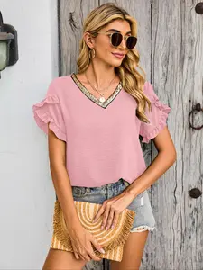 Women's V-Neck Short Sleeve Top with Beaded Embellishments, Casual Fitted Plain T-Shirt, Ladies Fashion Clothing