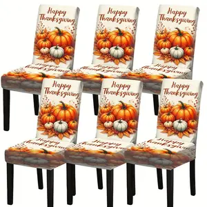 4/6pcs Bohemian Style Chair Covers with Pumpkin & Fall Leaves Design - Stretchy Machine Washable Elastic Fit for Dining Chairs Perfect for Thanksgiving & Autumn Home Decor Chair Covers for Dining Chairs Chair Cover for Dining Chair Chair Covers