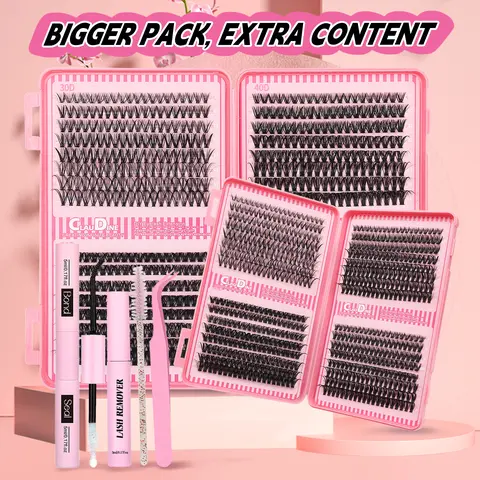 Fluffy Lash Clusters Kit - 10-16mm Volume False Eyelashes Set with Bond, Seal Glue, Tweezers, DIY Dramatic Lashes Supplies for Beginners