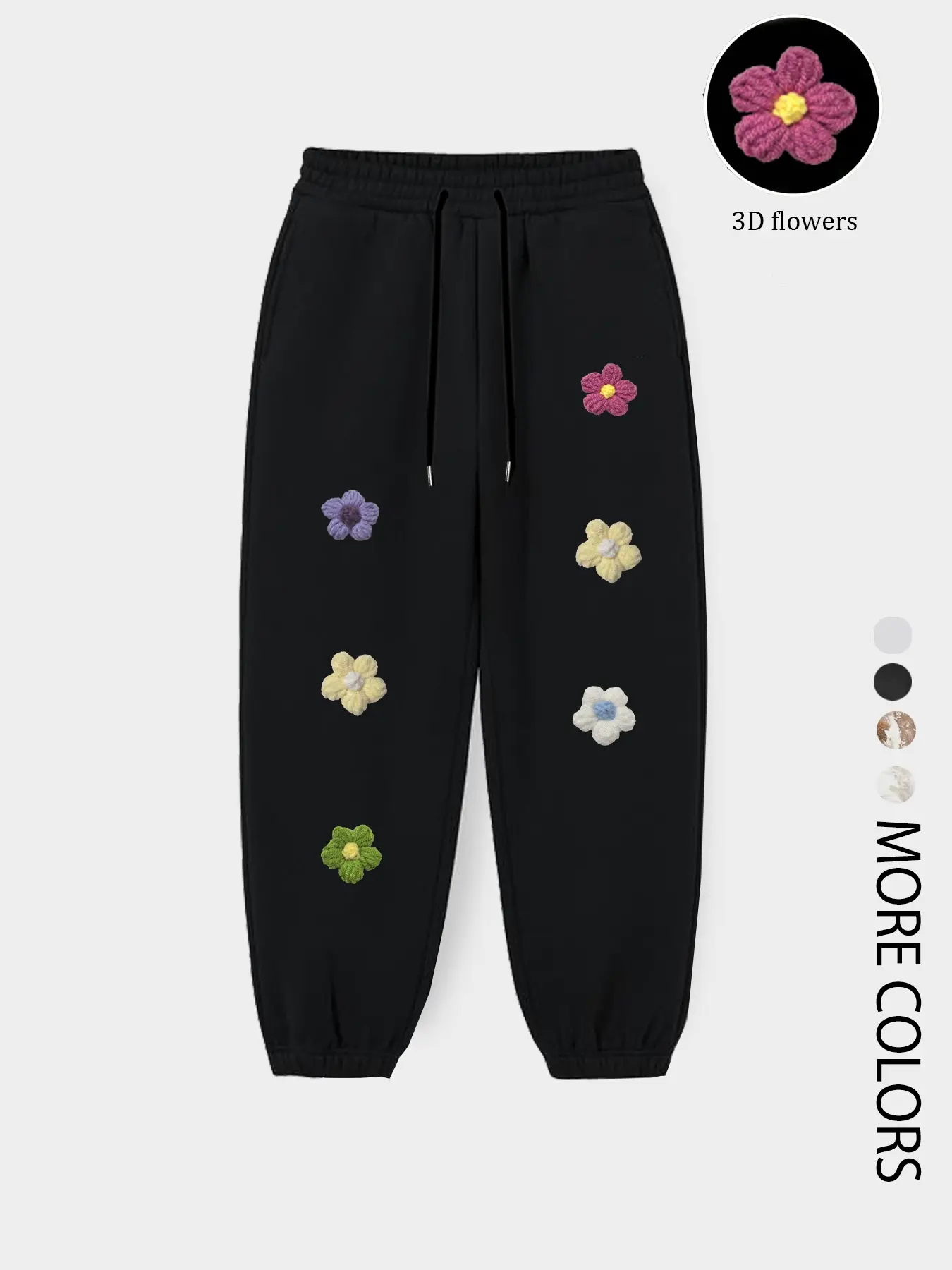 Women's Casual Loose-Fit Sweatpants with Handmade 3D Floral Design, Thick Warm Fabric for Winter & Fall Fashion