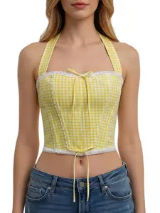 Women's Steel Bone Fishbone Bralette Full Coverage, Adjustable Tie Back Shapewear Top, Plaid Lace Edge Shoulderless Halter Tank Vest Fit Underwear