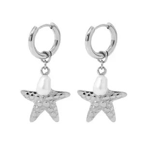 Starfish with Faux Pearl Dangling Huggie Hoop Earrings Pair Stainless Steel