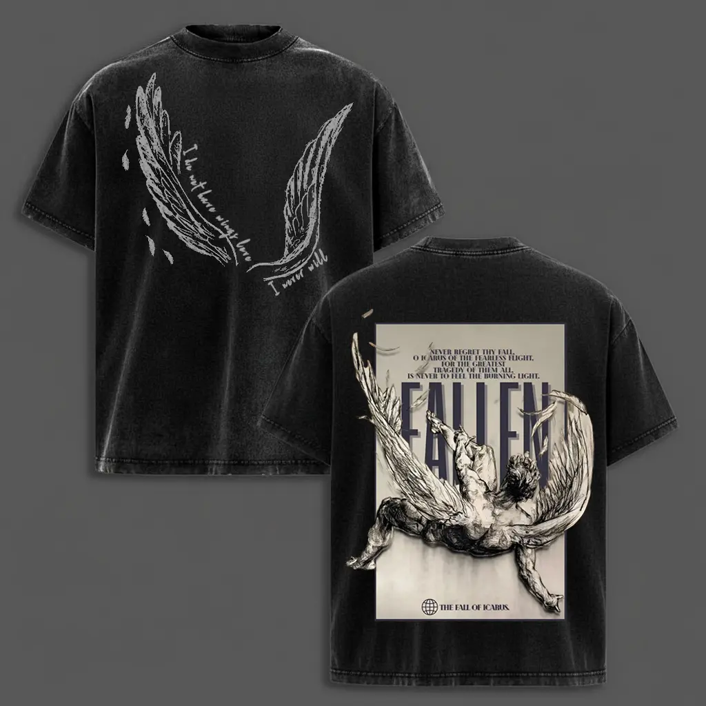 Icarus – Broken Wings Acid Wash Tee, Human Pride & Fall Graphic Tee, Bible Verse Oversized Faith Shirt Crewneck Menswear Top Apparel, Streetwear T-Shirt 2