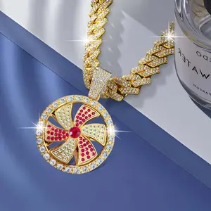 1pc Rotatable Cross Pendant Men's Trendy Round Plate Necklace Fashion Rhinestone Thick Cuban Chain Jewelry, Gift for Holiday Blessings Bling Stylish Accessory