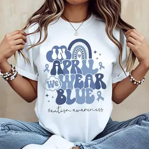 April We Wear Blue Autism Awareness Ribbon Rainbow Print T Shirt Casual Short Sleeve Tee For Women And Girls Perfect For Autism Awareness Month Events And Daily Wear