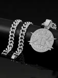 Hip Hop King of Kings Full Diamond Pendant Necklace, Alloy Chain Cuban Link, Street Fashion Art Culture Jewelry, Hip Hop Style Personalized Accessory, Diamond Studded Pendant