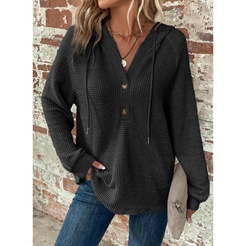 Fantaslook Hoodies For Women Waffle Knit Sweatshirts Drawstring Long Sleeve Tops Button V Neck Pullover