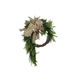Country-style hydrangea wreath hanging decoration, farmhouse-style butterfly knot wall hanging artificial wreath, rural Bohemian wreath, featuring linen knots and green plants, natural farmhouse style, festive decoration, Flowers