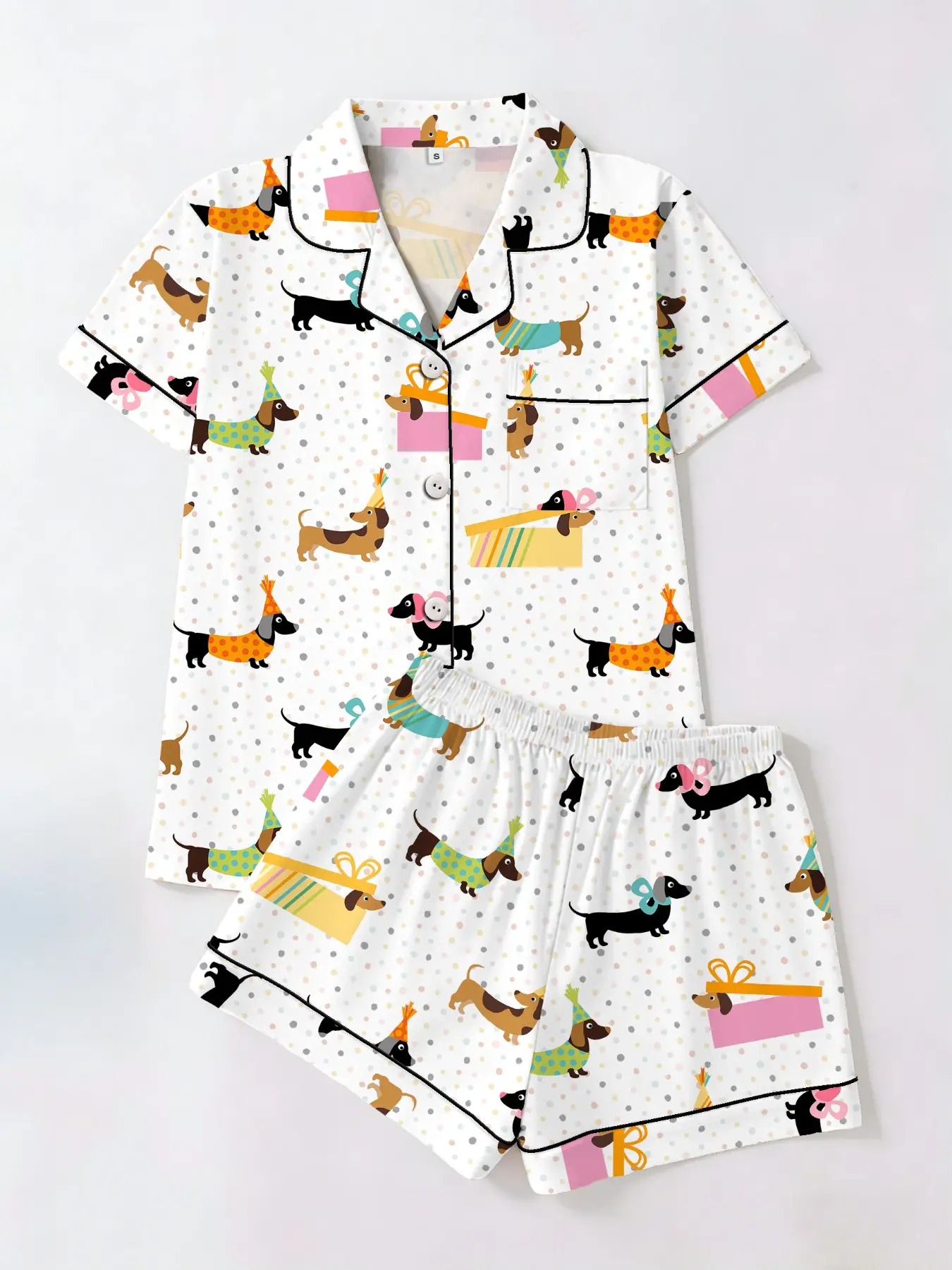 Women's Trendy Aesthetic Colorful Sausage-Dog Print Loungewear Set, Short-Sleeve Top and Shorts Sleepwear Set, Two-Piece Casual Fitted Pajama Suit, Nightwear Pajama Set for All Seasons