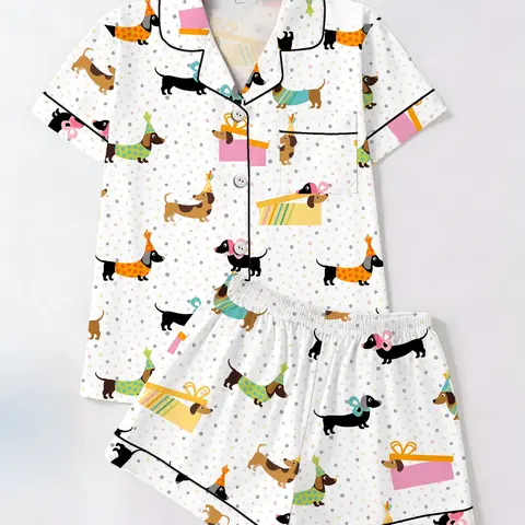 Women's Trendy Aesthetic Colorful Sausage-Dog Print Loungewear Set, Short-Sleeve Top and Shorts Sleepwear Set, Two-Piece Casual Fitted Pajama Suit, Nightwear Pajama Set for All Seasons