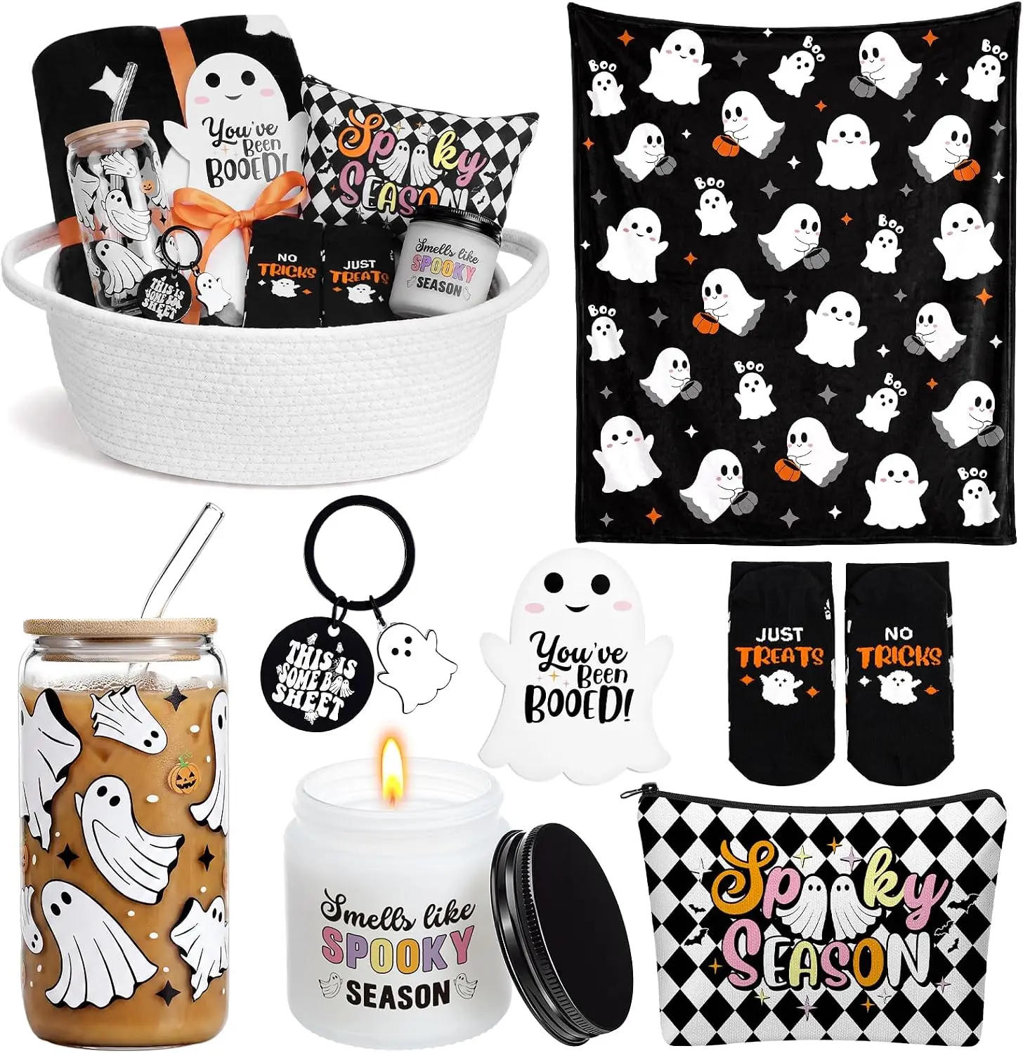 2026 Fall Halloween Gifts 8 Pcs Boo Basket for Women Halloween Boo Gift Stuffers Include 50x60 Inch Ghost Flannel Blanket Glass Tumbler Candle Makeup Bag Keychain Novelty Socks Woven Basket Gift for Halloween
