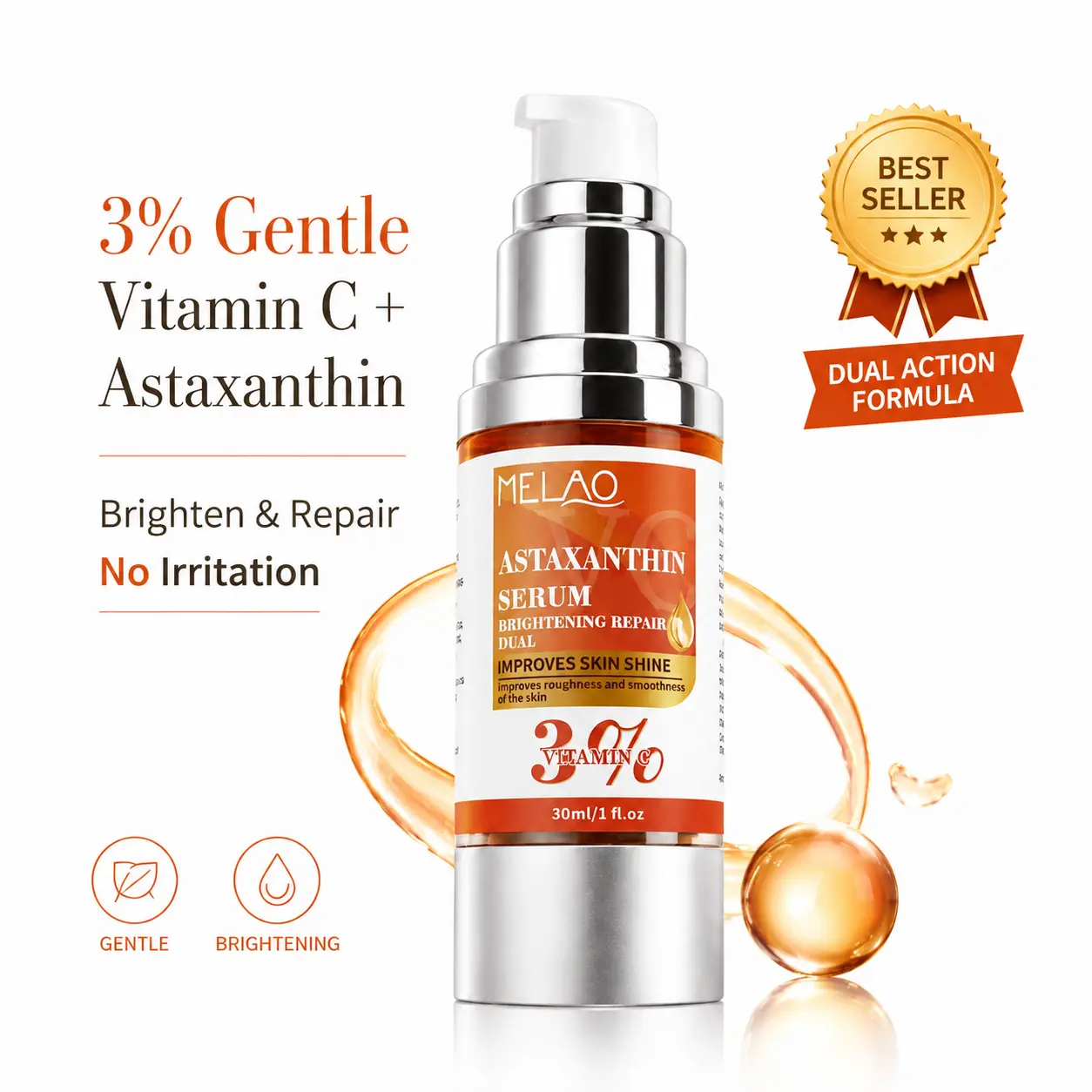 Astaxanthin & 3% Vitamin C Face Serum, a Hydrating Beauty Product that Fades Dark Spots for a Radiant Glass Skin Glow - Brightening Repair Dual Formula, All Skin Types, Hydrate, Face Care Products, Antioxidant Serums, Single Item Sensitive