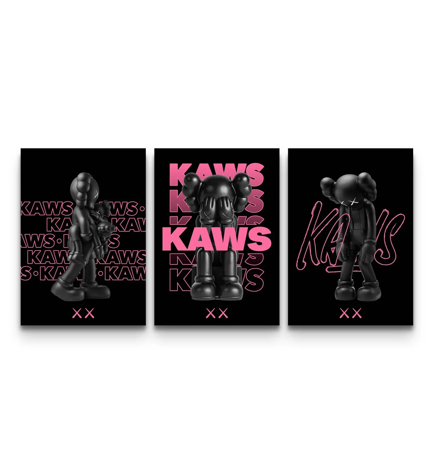 Neon Pink Noir KAWS Hypebeast XX Wall Art Set of 3, Product without frame