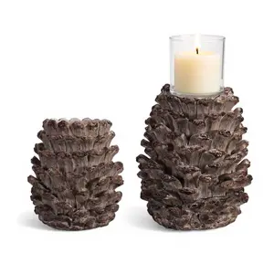 Distressed Brown Resin Pinecone Pillar Candle Holder | 2 Sizes
